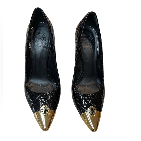Tory Burch Black & Gold Quilted Patent Leather Pumps Sz 8.5
